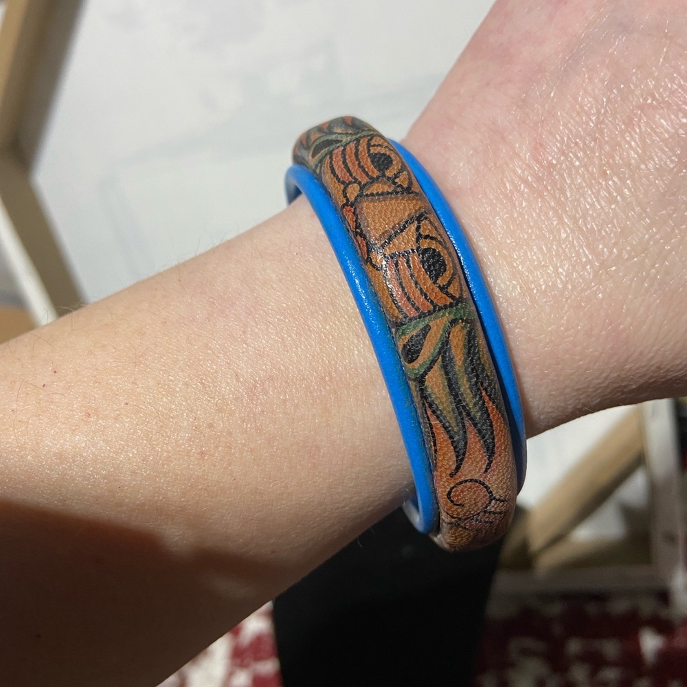 Indonesia Painted Leather Bangle Bracelet Blue Frame Boho